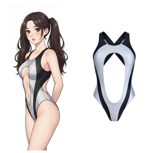 Woman wearing a silver and black high-cut monokini with front cutout and cross-back straps.