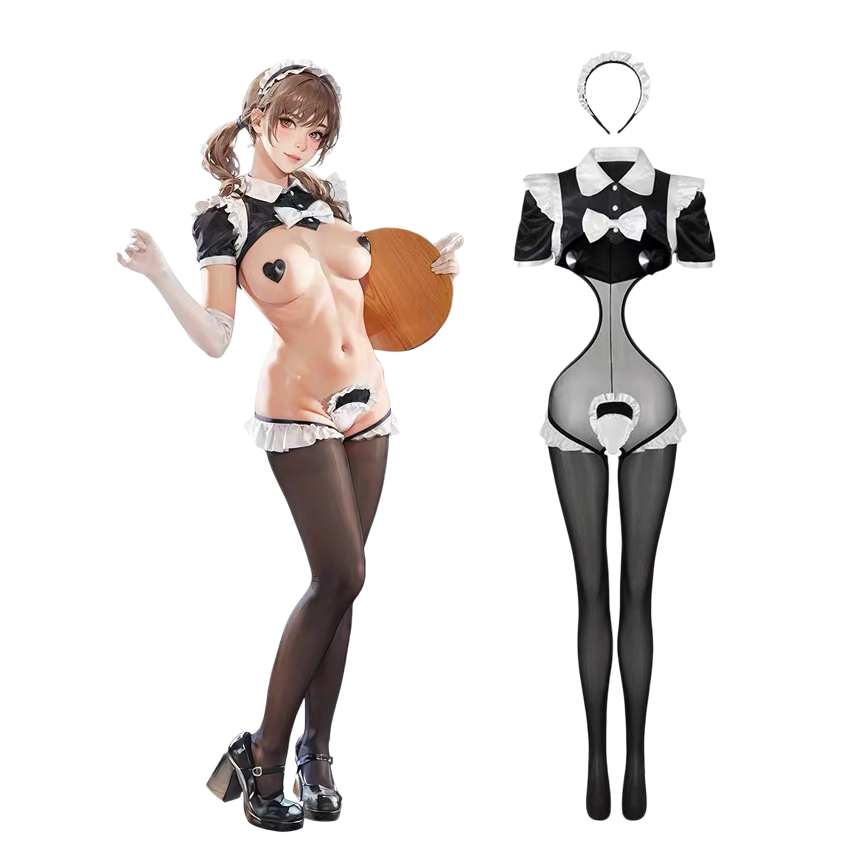 Sensual French Maid Cosplay Lingerie Set - Sheer Bodysuit & Satin PU Leather Crop Top