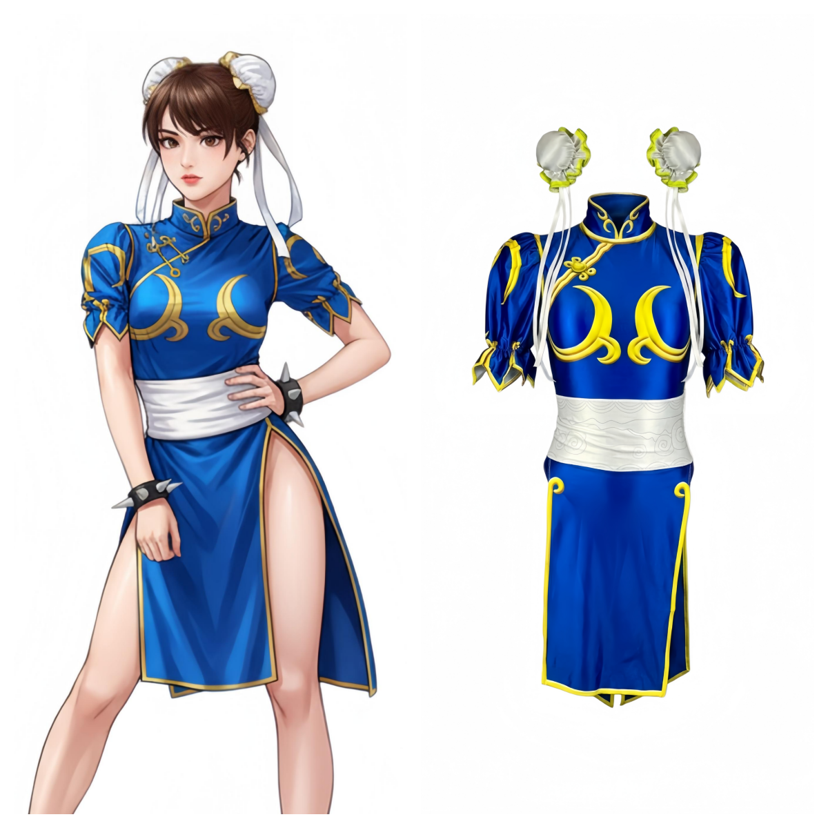 Chun-Li Inspired Cosplay Bodysuit Set with Detachable Skirt & Accessories