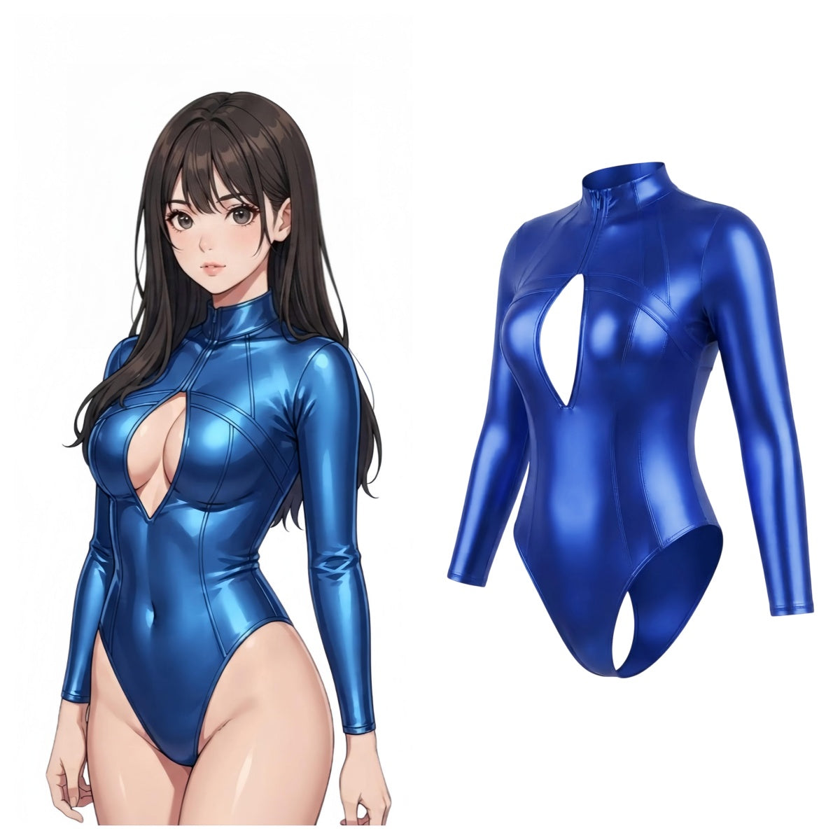 LEOHEX Glossy Spandex One-Piece Long-Sleeve Bodysuit & Swimsuit with YKK Front Zipper