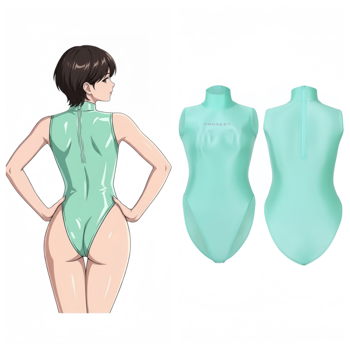 A mint green one-piece bodysuit shown from the back on a female model, alongside two mannequin views of the same garment on a plain white background.