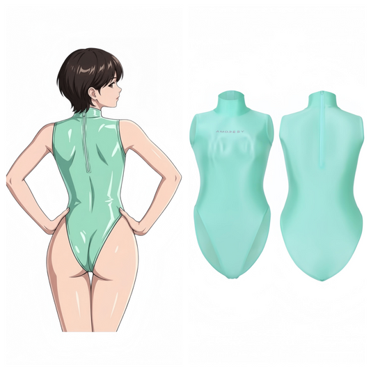 A mint green one-piece bodysuit shown from the back on a female model, alongside two mannequin views of the same garment on a plain white background.