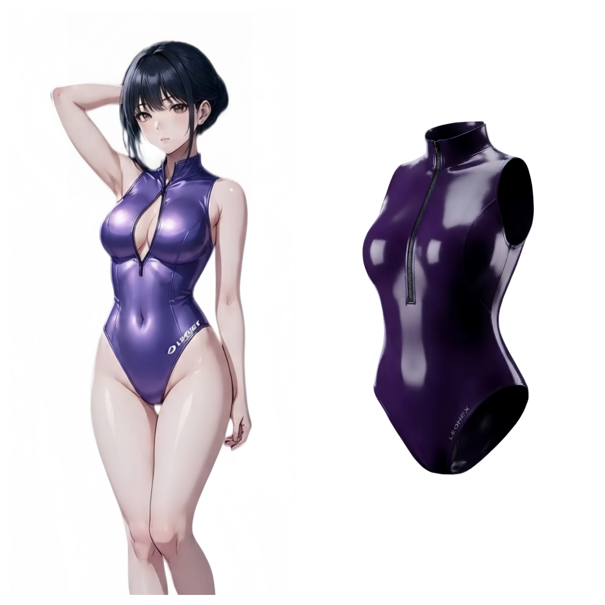 LEOHEX Coated Silver-Speckle High-Cut One-Piece Swimsuit with Front Zip