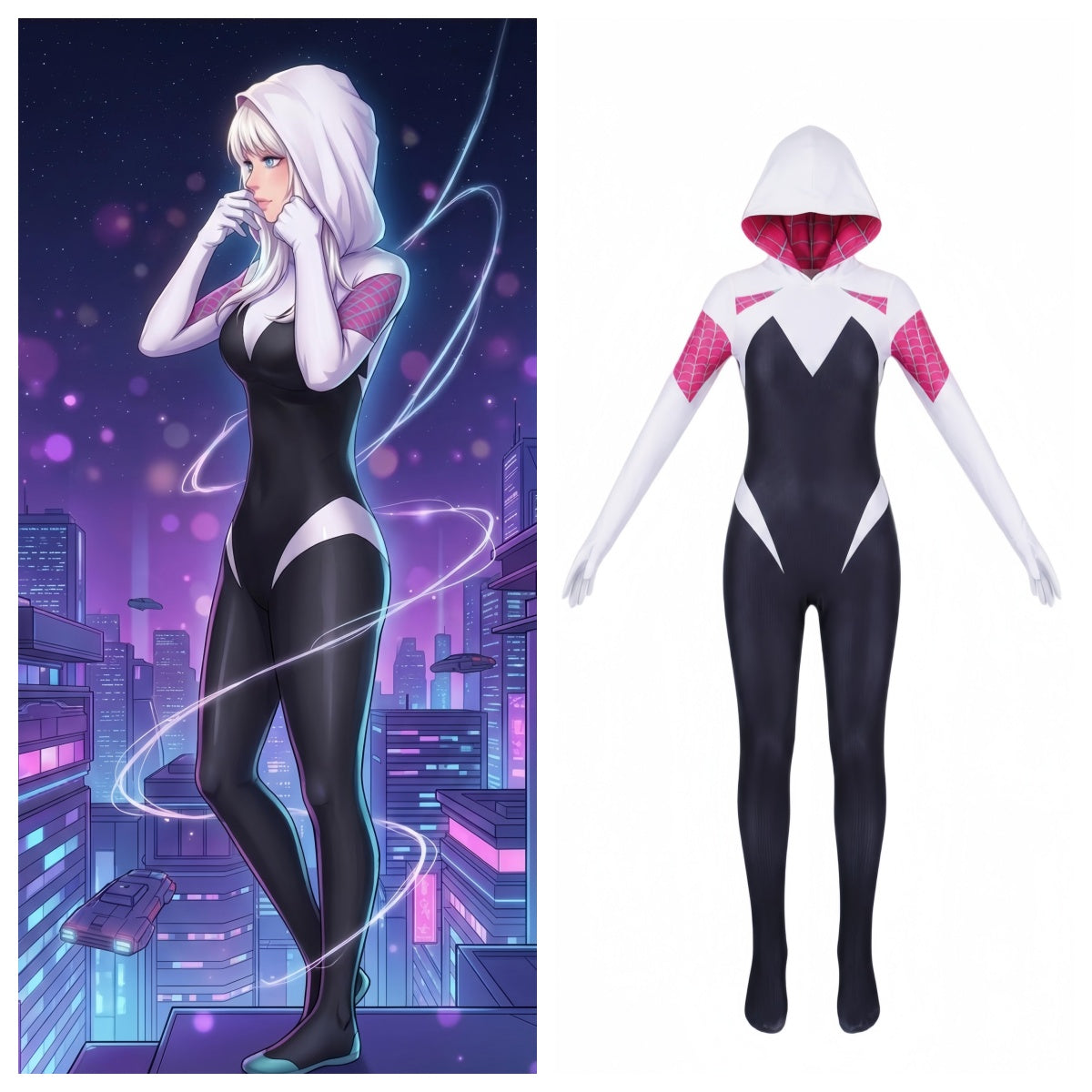 Spider-Gwen Cosplay Bodysuit | Ghost-Spider Hooded Zentai Suit