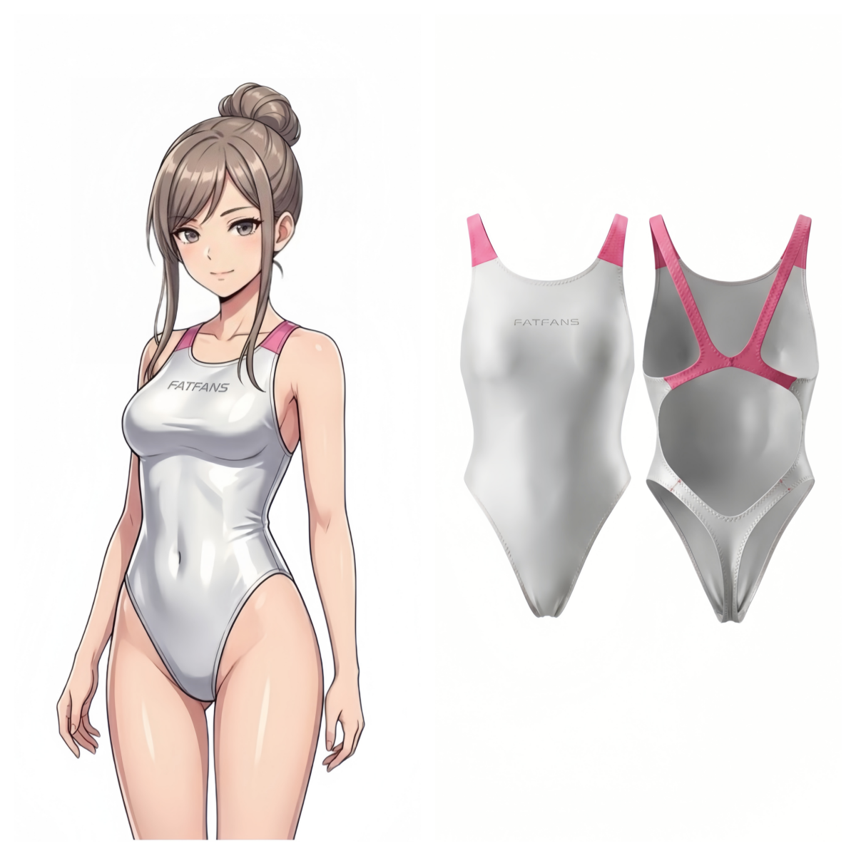Silver swimsuit with pink straps worn by an animated character, shown from front, back, and side views.