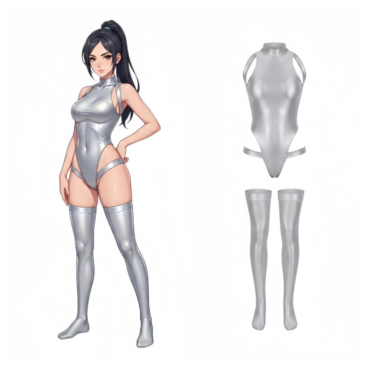 Lustrous High-Cut Mock Neck One-Piece Swimsuit with Matching Stockings