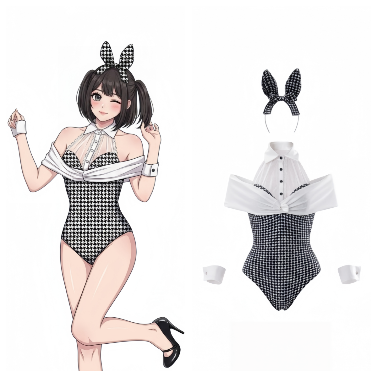 Houndstooth Bunny Girl Cosplay Bodysuit Set – Knit Faux Cashmere