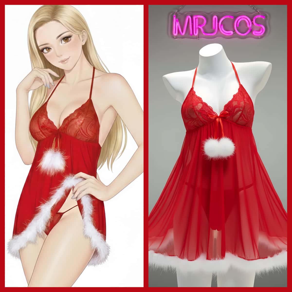 Sexy Women's Christmas Red Lace Babydoll Lingerie Dress 