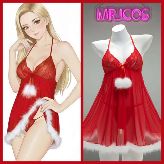 Sexy Women's Christmas Red Lace Babydoll Lingerie Dress 