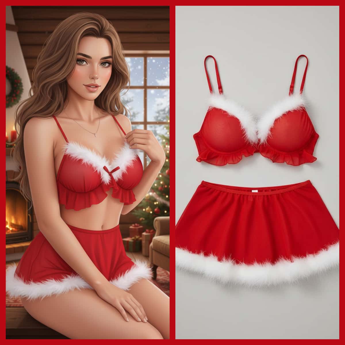 2-Piece Sexy Women's Christmas Red Sheer Party Lingerie Dress Set