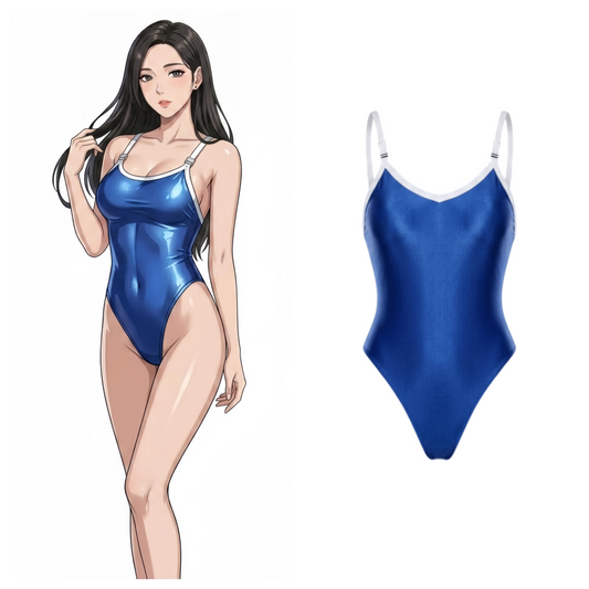 High-Cut One-Piece Satin Spandex BodySuit Swimsuit with Adjustable Shoulder Straps