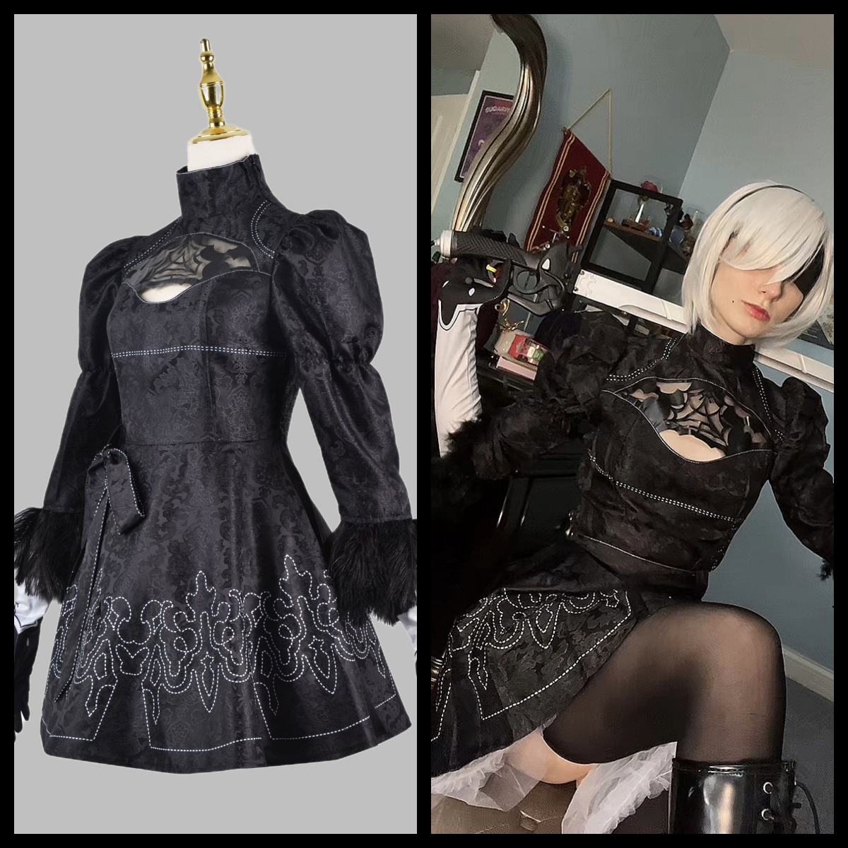 Nier Automata 2B Cosplay Dress Halloween Costume Wig Set