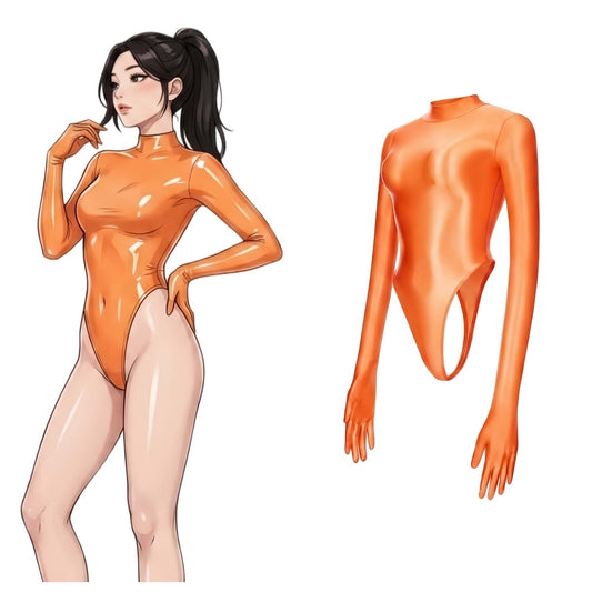 High-Cut Glossy Spandex Bodysuit with Attached Gloves