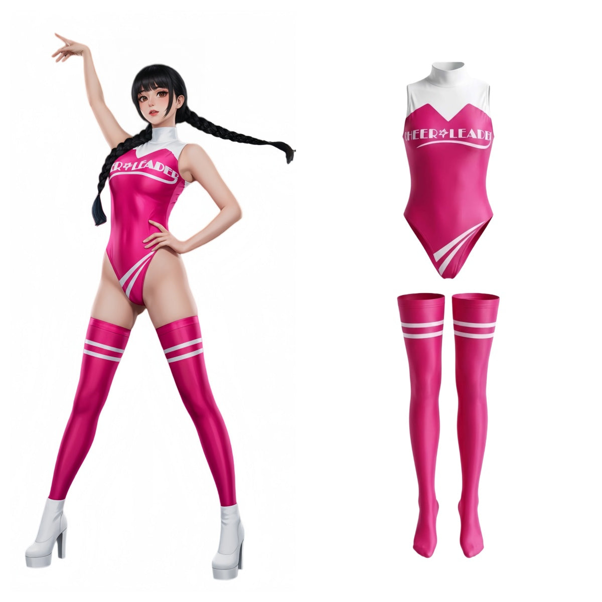 High-Cut Mock Neck Cheerleader Bodysuit Set