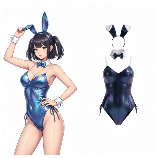 Iridescent Metallic Bunny Girl Cosplay Bodysuit Set – Holographic PU Leather Open Crotch Lingerie