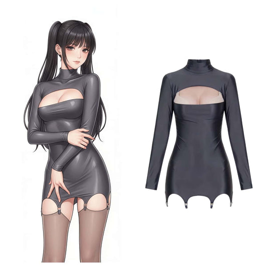 Midnight Cut-Out Garter Mini Dress – High Neck Spandex Bodycon with 6 Suspender Clips