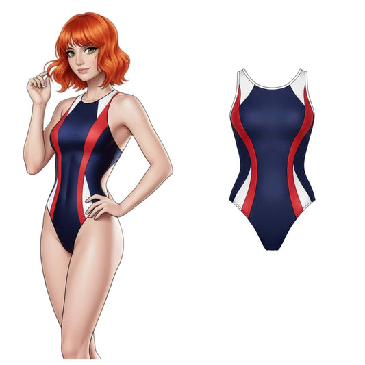 Illustration of a woman wearing a blue, red, and white swimsuit with a close-up of the swimsuit on a white background.