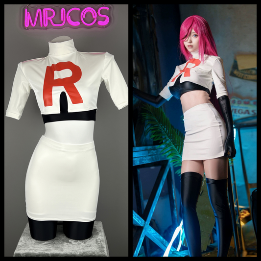 Anime Team Rocket Spandex Leather Cosplay Costume Set with Gloves and Skirt