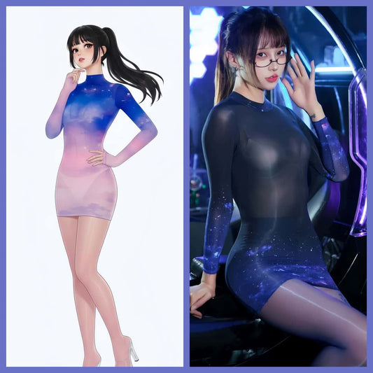 Sheer Spandex 10D Nylon Short Dress See Through Galaxy Lingerie Dress