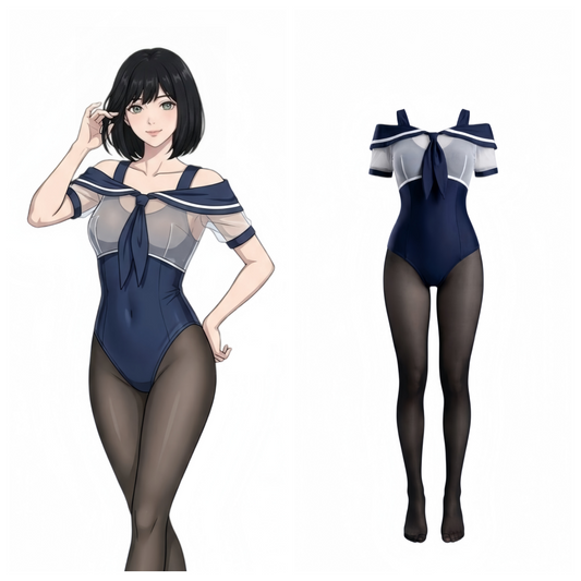 3-Piece Sailor Collar Bodysuit Set – Includes Glossy Bodysuit, Sheer Sailor Crop Top & Tights