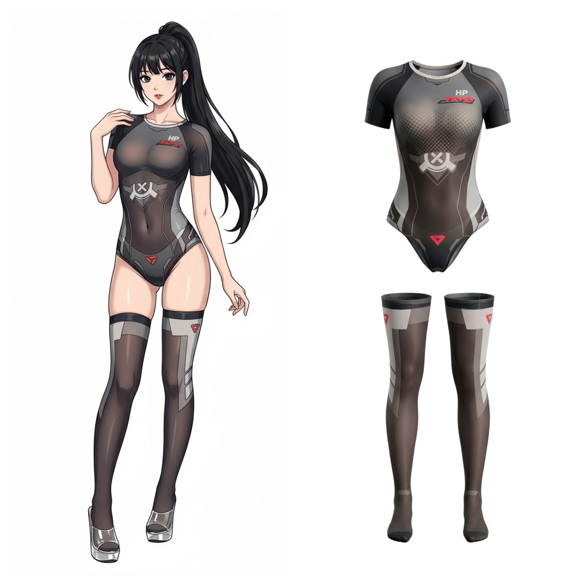 Cyber-Tech Sheer Bodysuit & Matching Thigh-High Stockings Set
