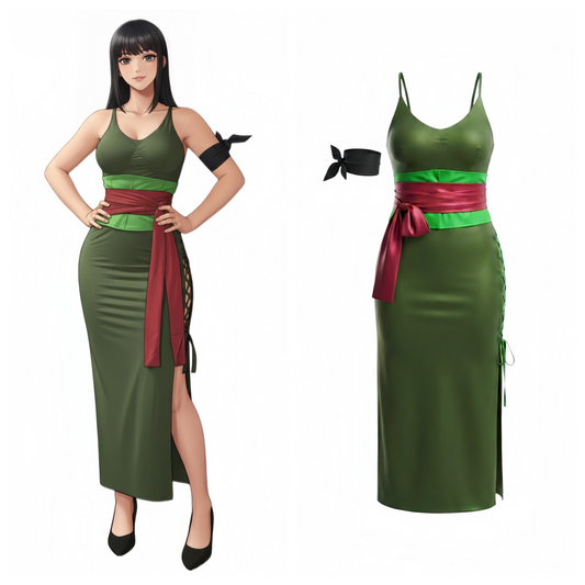 [Inventory Clearance] Female Zoro Cosplay Green Sleeveless High-slit Long Dress Halloween Costume
