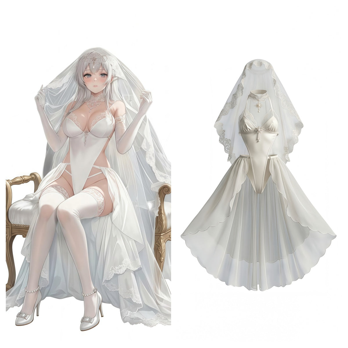 Gothic Bridal Cosplay Lingerie Set – Open-Crotch Sheer Lace Bodysuit, Veil & High-Slit Skirt Outfit