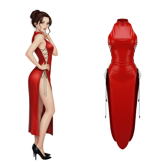 Red dress with a high slit on a white background