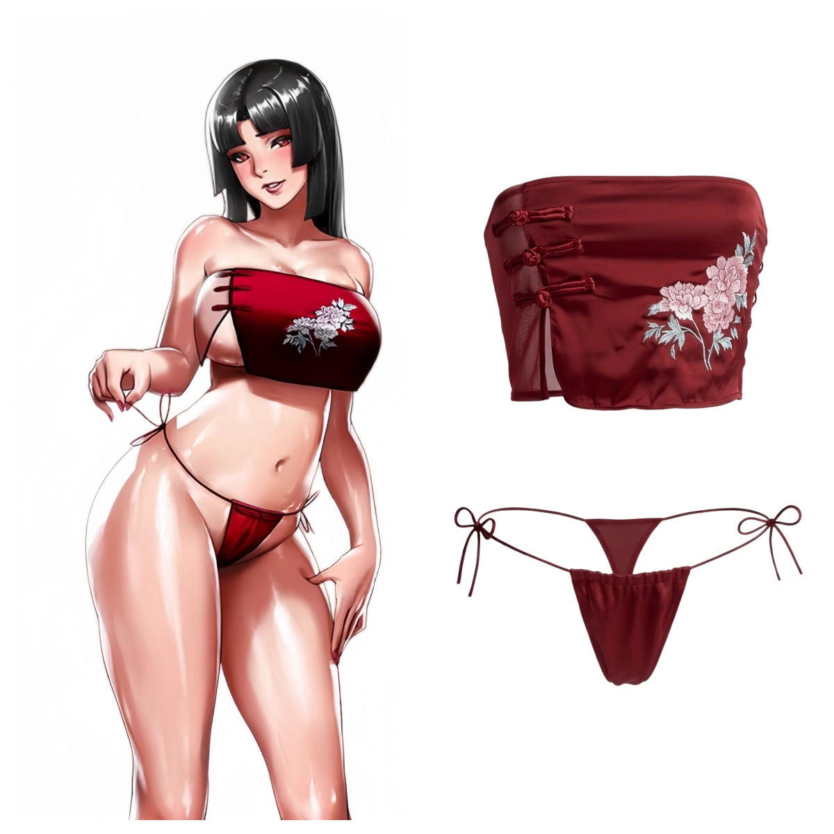 Modern Oriental Embroidered Lingerie Set - Floral Satin Tube Top & Tie-Side G-String