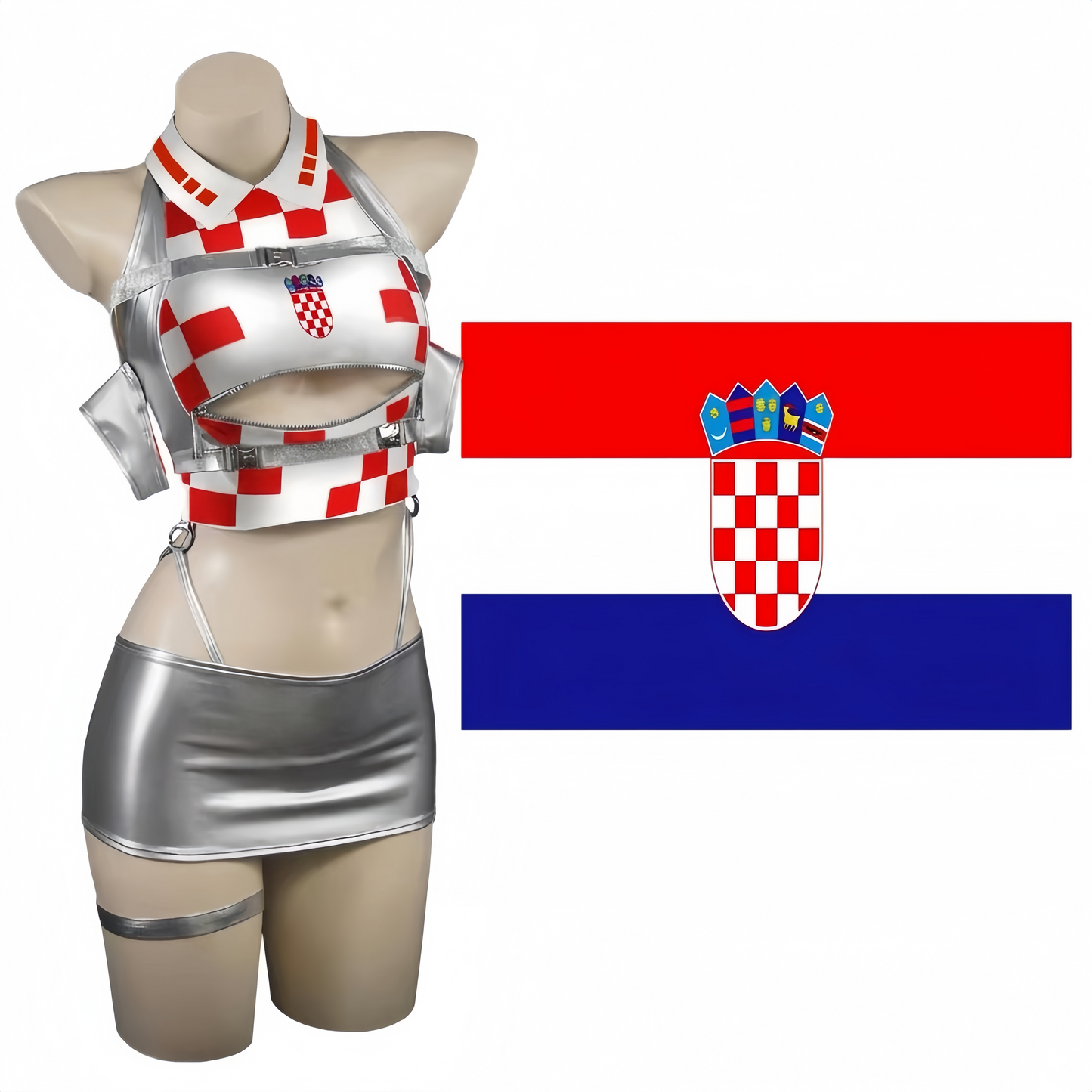 World Cup Soccer Star 3-in-1 Cosplay Set – Metallic PU Leather Clubwear & Rave Outfit