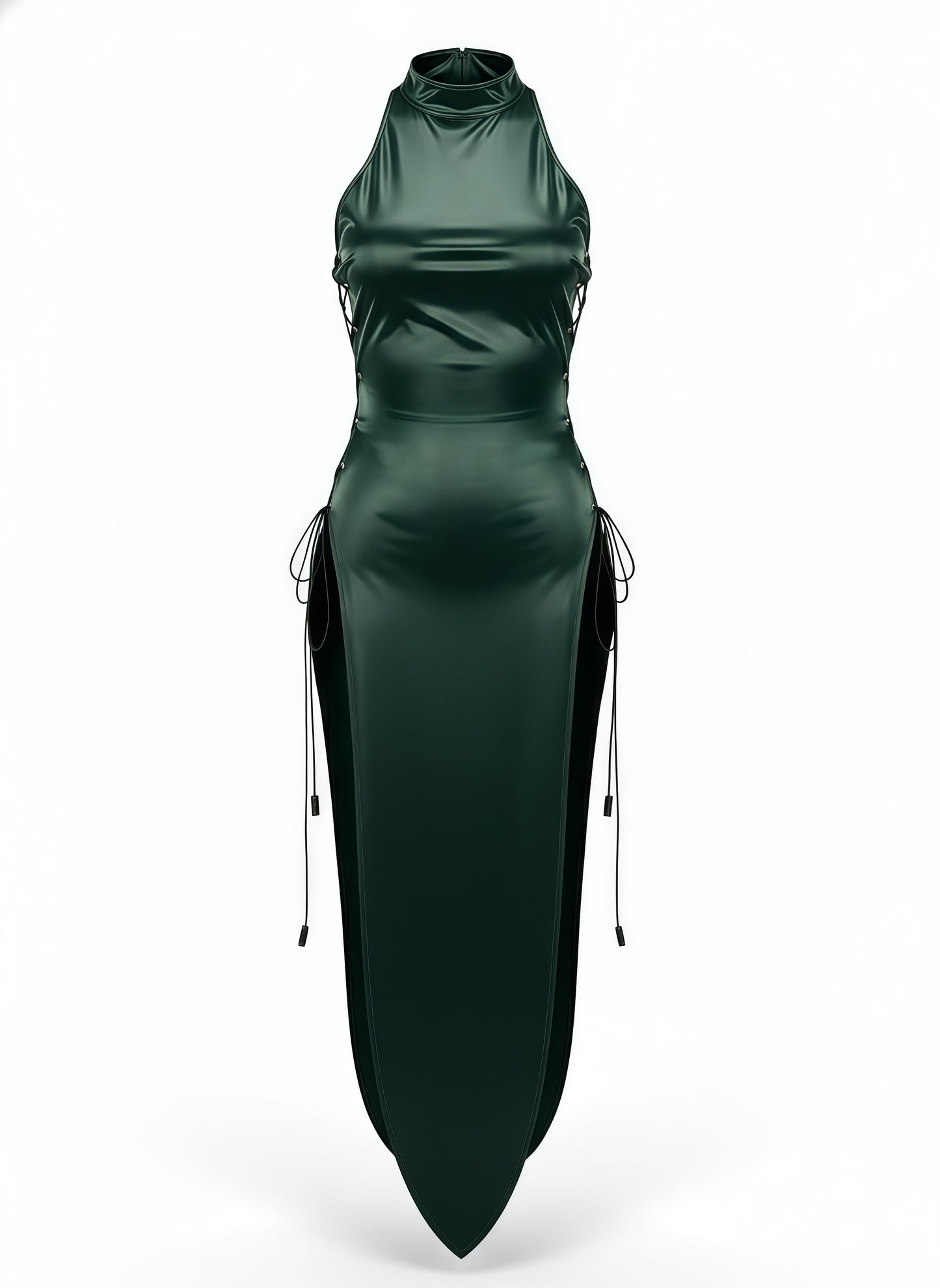 Green dress with a high slit on a white background