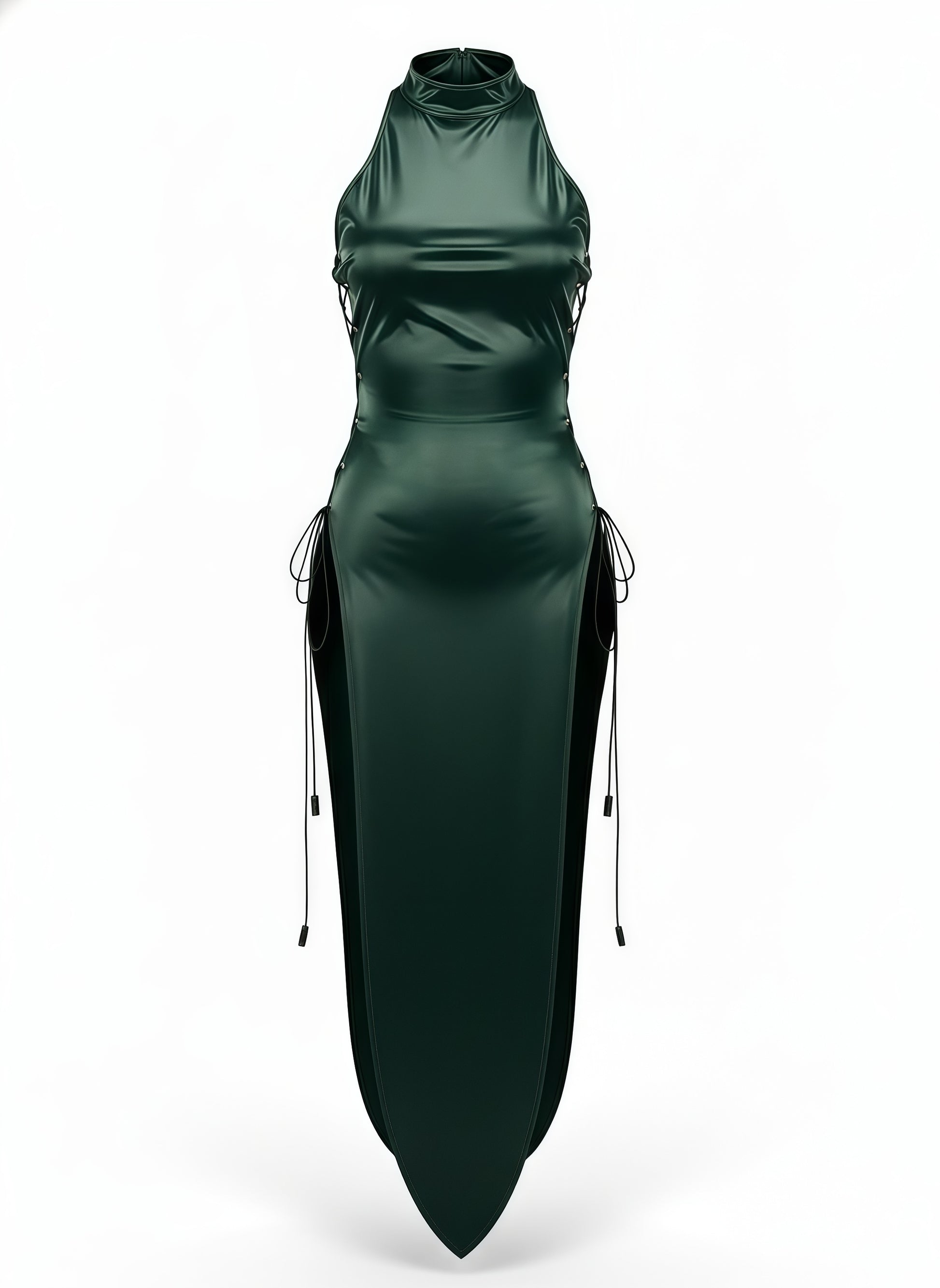 Green dress with a high slit on a white background
