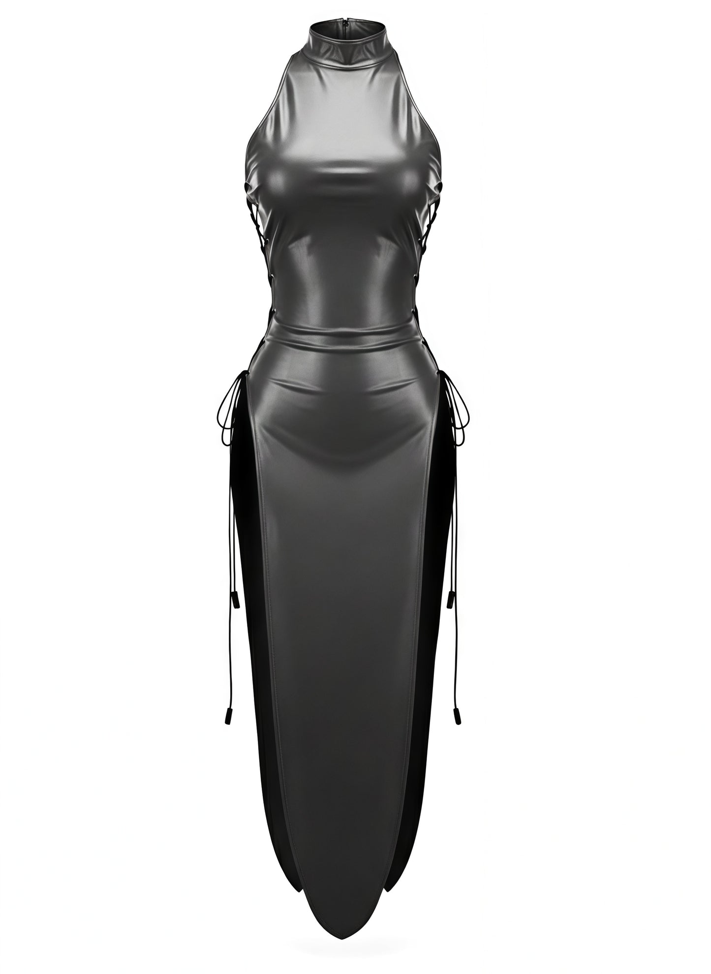 Black leather outfit with cut-out design on a white background