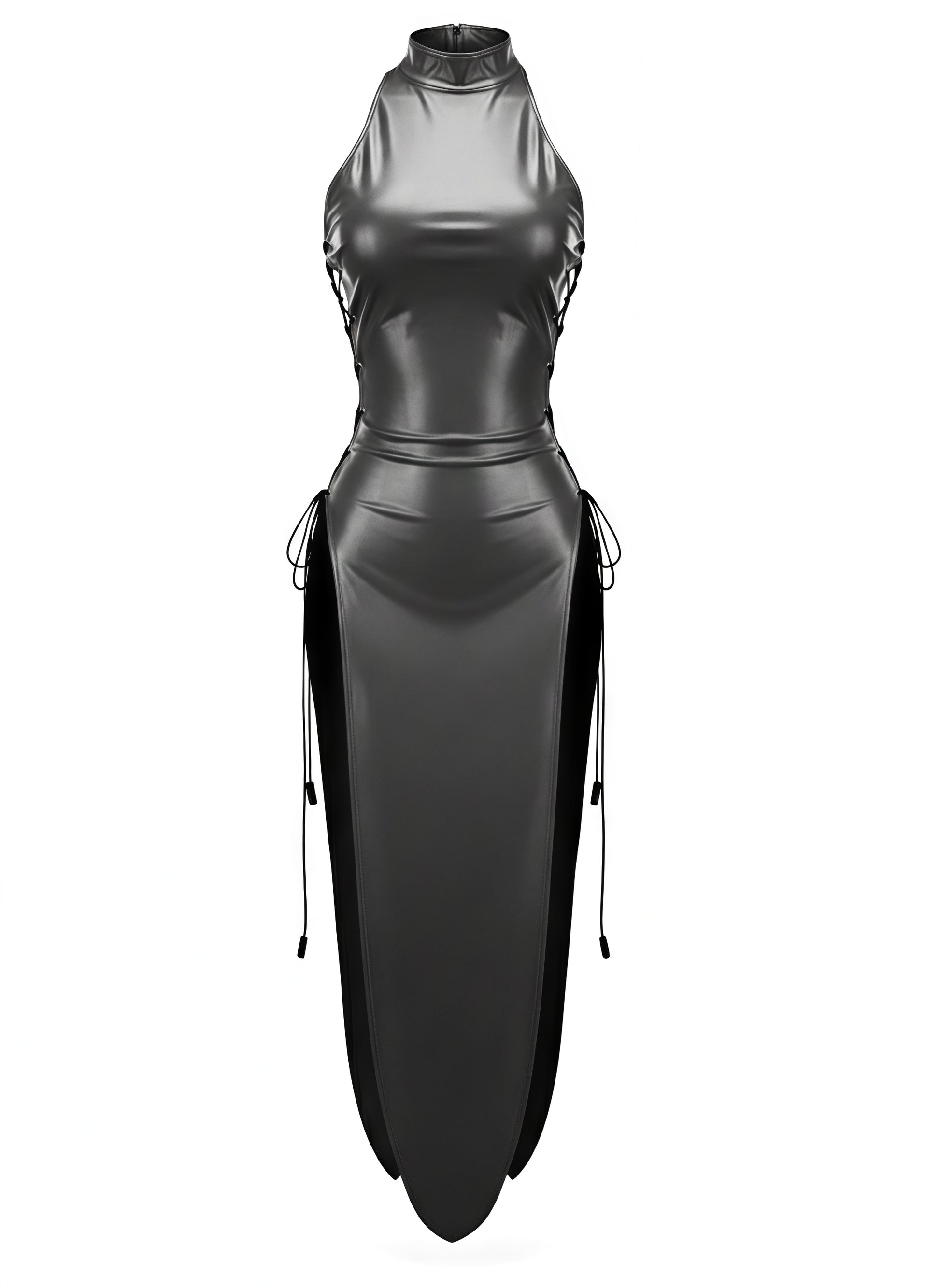 Black leather outfit with cut-out design on a white background