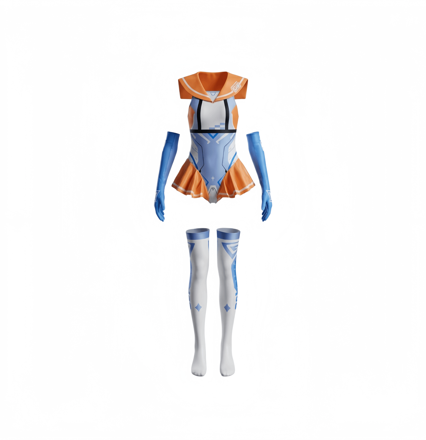 A women's anime cosplay costume displayed on a mannequin form against a plain white background. The costume features a light blue bodysuit with orange accents, matching blue arm sleeves, and white thigh-high socks with blue details.