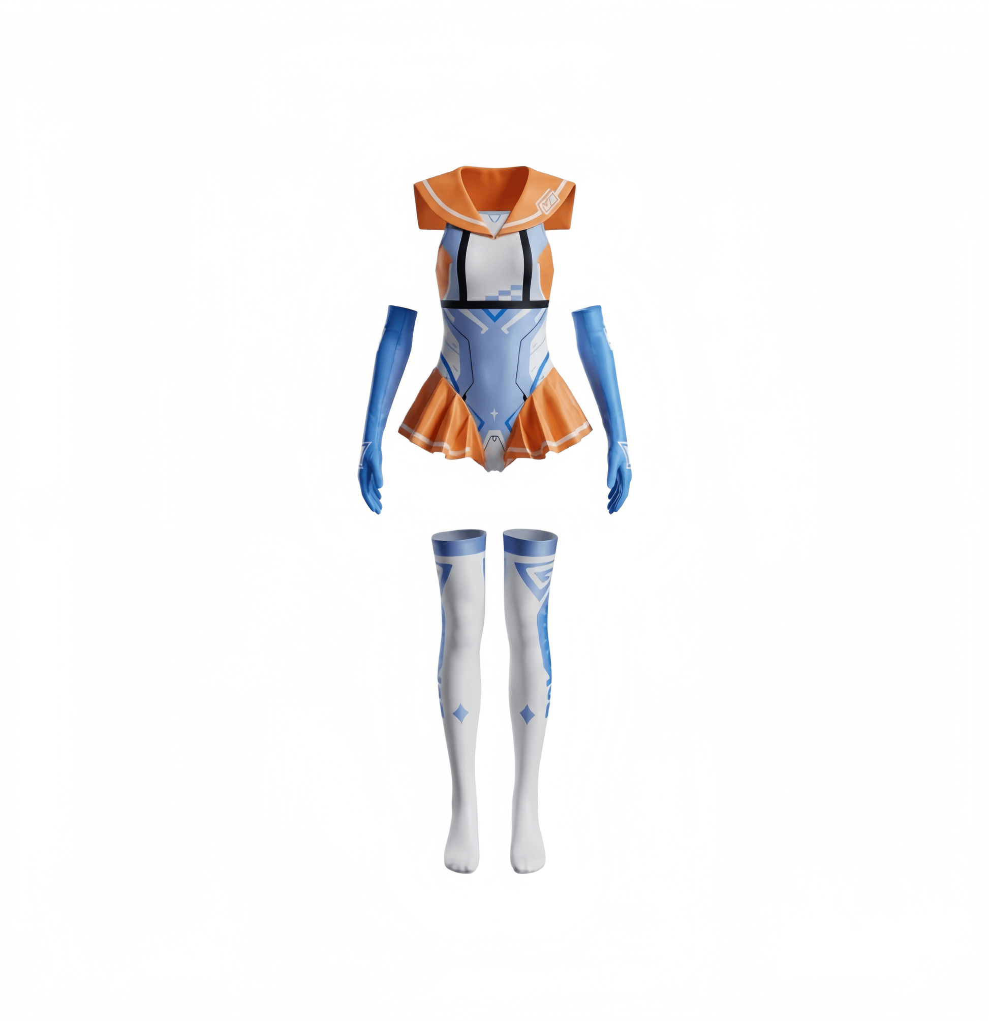 A women's anime cosplay costume displayed on a mannequin form against a plain white background. The costume features a light blue bodysuit with orange accents, matching blue arm sleeves, and white thigh-high socks with blue details.
