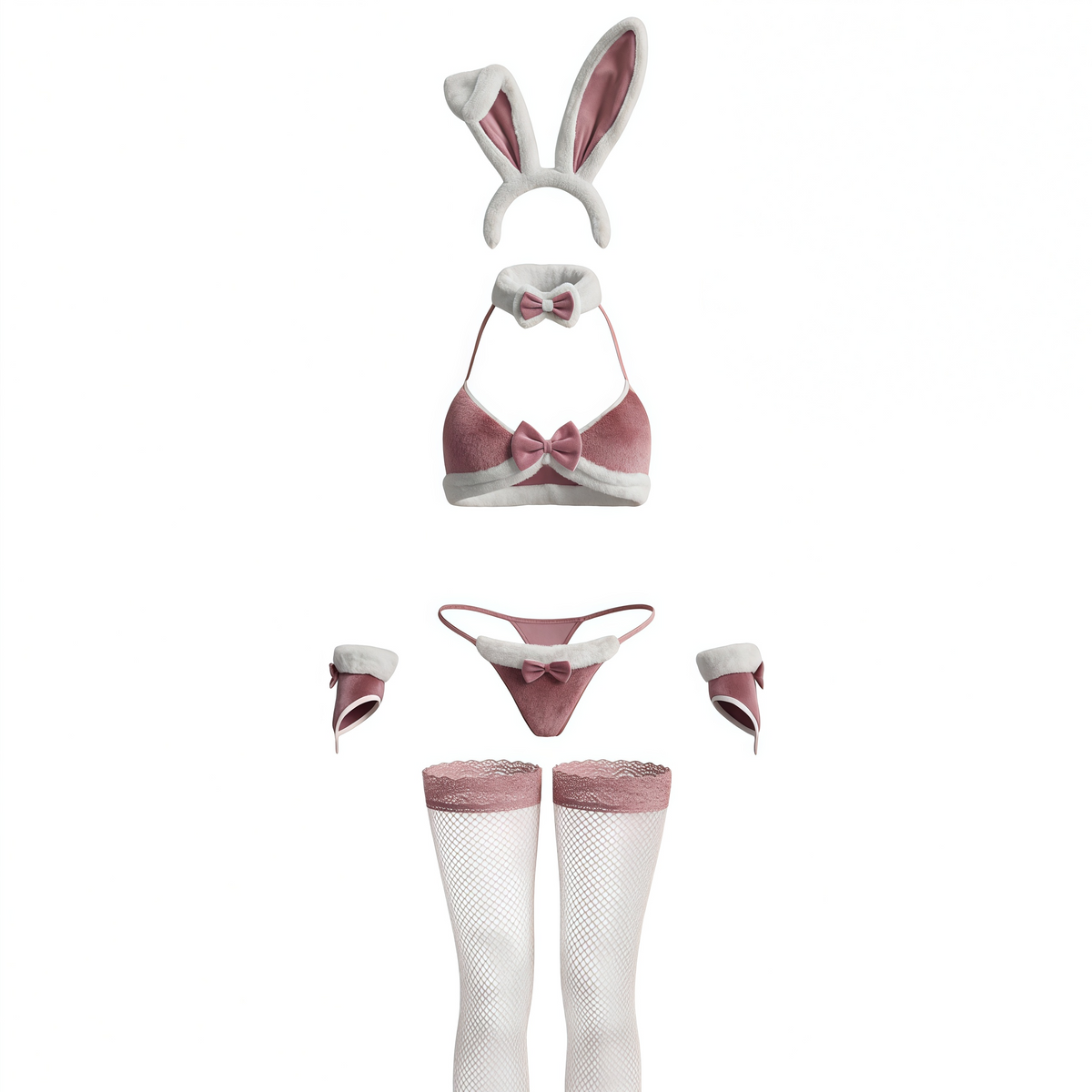 Playful Bunny Girl Velvet Lingerie Set – 6-Piece Cosplay Costume with Ears, Bowtie & Stockings