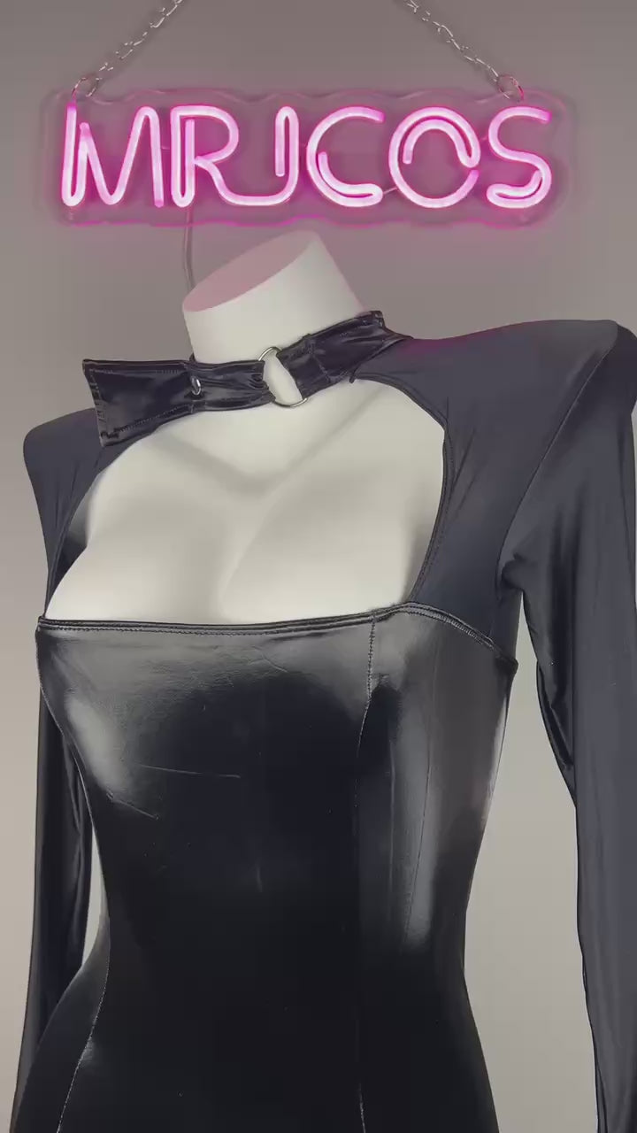 Gothic Long Sleeves Spandex Leather Garter Belt Tight Party Dress Lingerie