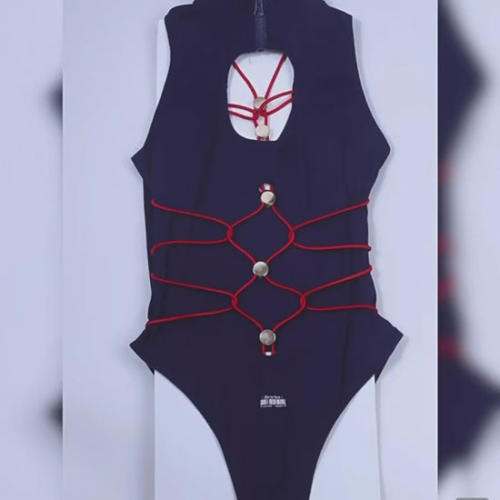 Anime Cosplay High-Neck One-Piece Swimsuit - Navy Blue & Red Strappy Bodysuit