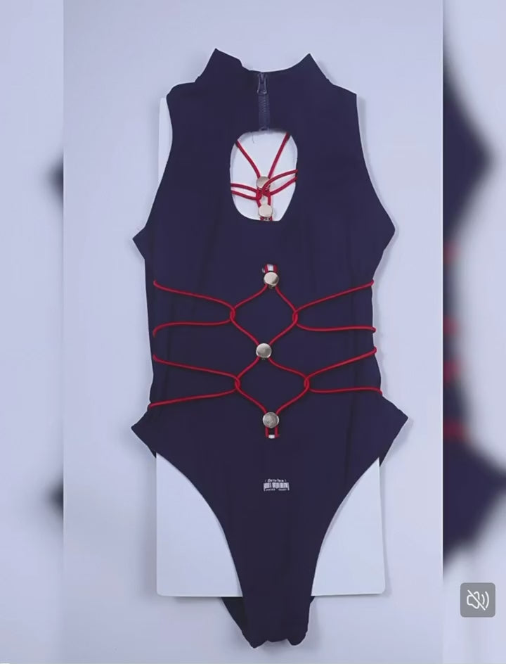 Anime Cosplay High-Neck One-Piece Swimsuit - Navy Blue & Red Strappy Bodysuit
