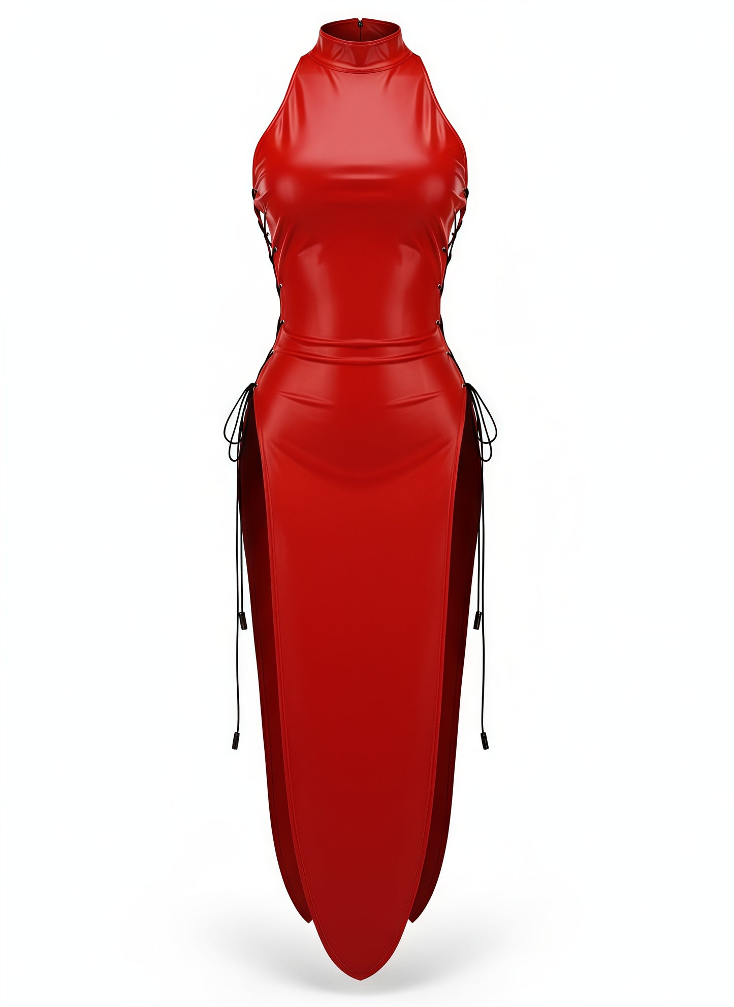Red leather outfit with high collar and zipper details on a white background