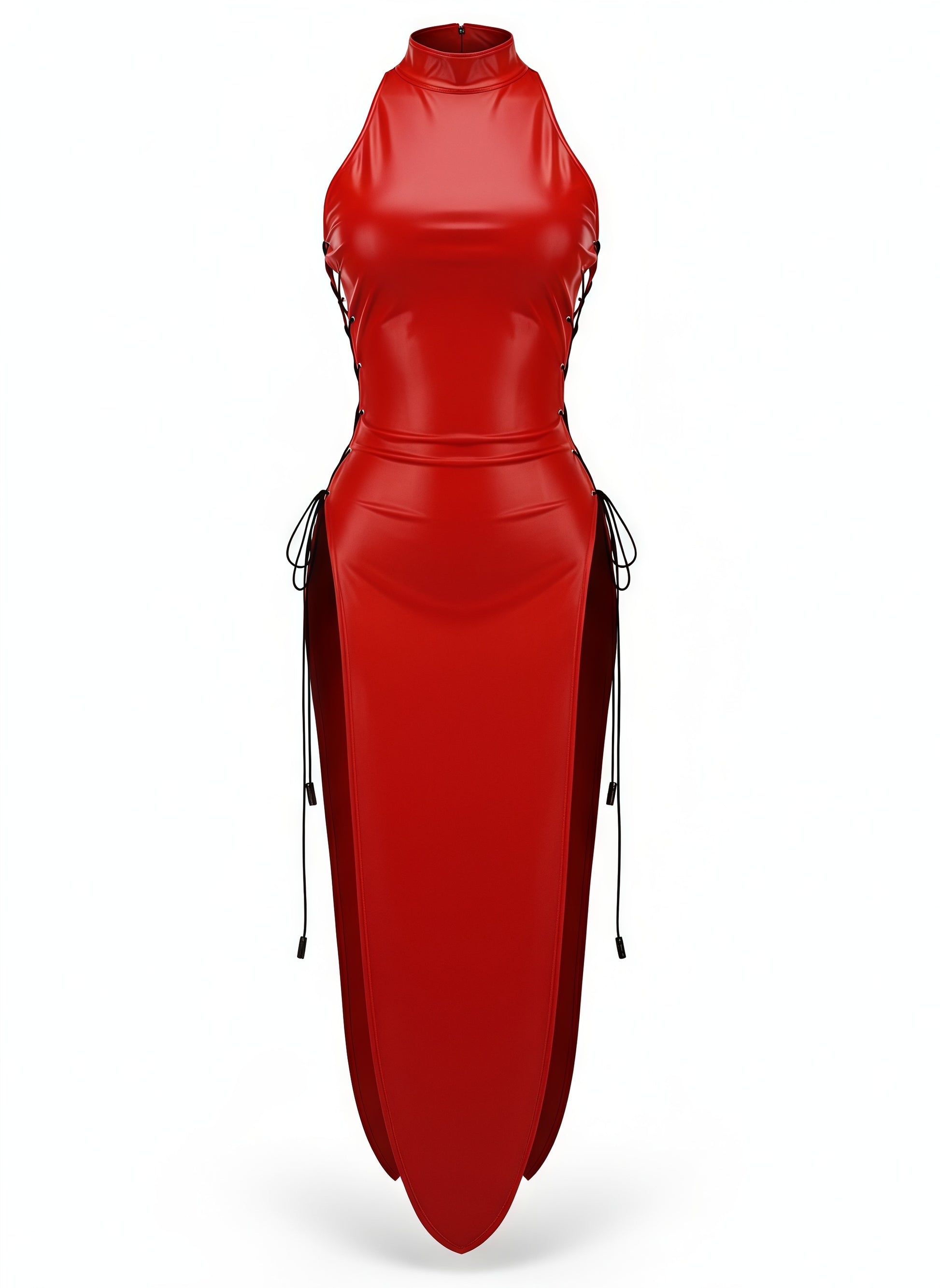 Red leather outfit with high collar and zipper details on a white background