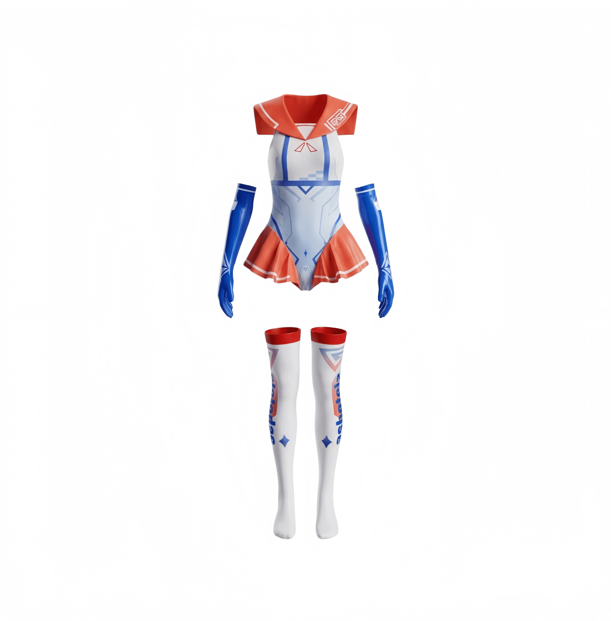 A three-piece anime cosplay costume set displayed on a white mannequin torso, featuring a white and red sailor-style bodysuit with blue trim, matching blue arm warmers, and white thigh-high socks with red and blue graphics.