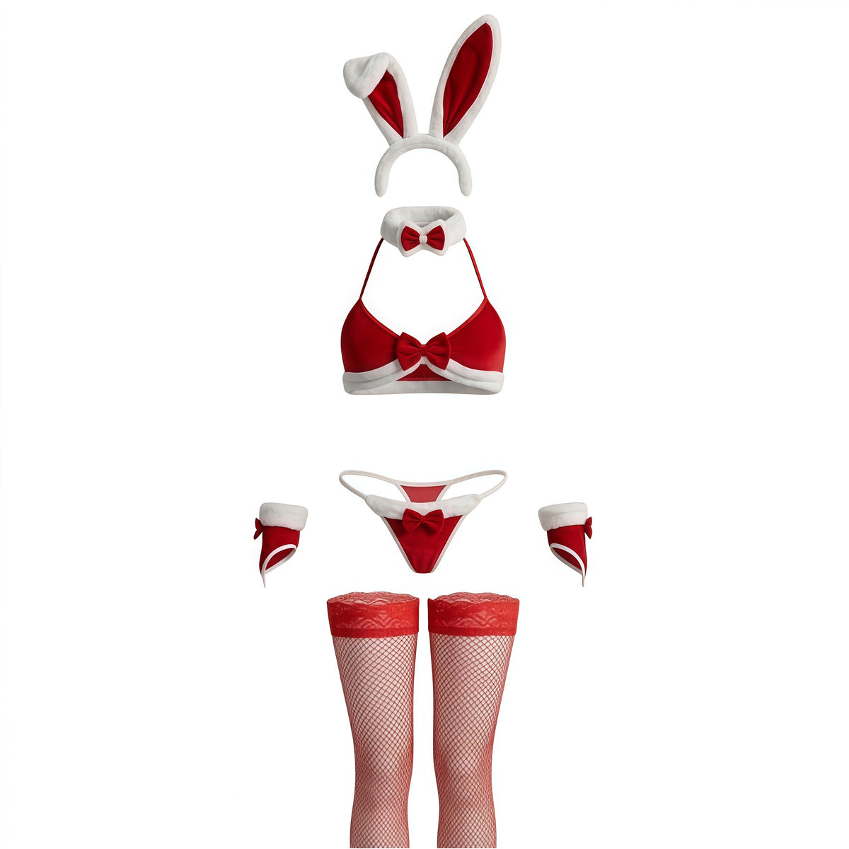 Playful Bunny Girl Velvet Lingerie Set – 6-Piece Cosplay Costume with Ears, Bowtie & Stockings