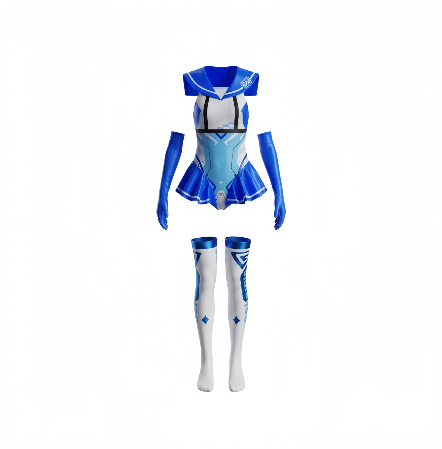 A blue and white futuristic anime-style costume set displayed on a white background, including a bodysuit with attached arm sleeves and matching thigh-high socks.