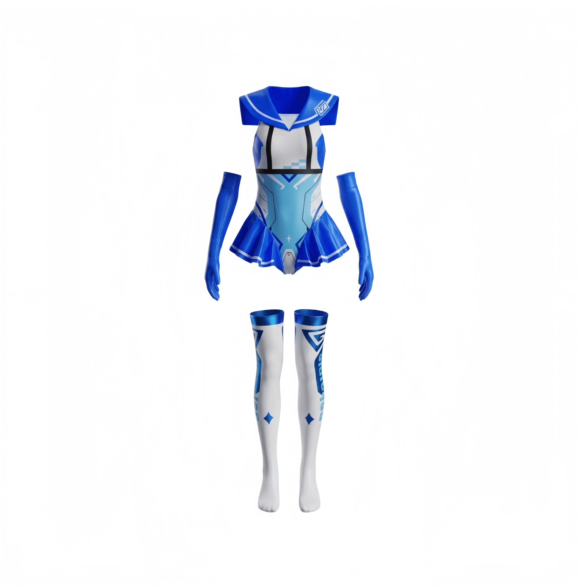 A blue and white futuristic anime-style costume set displayed on a white background, including a bodysuit with attached arm sleeves and matching thigh-high socks.